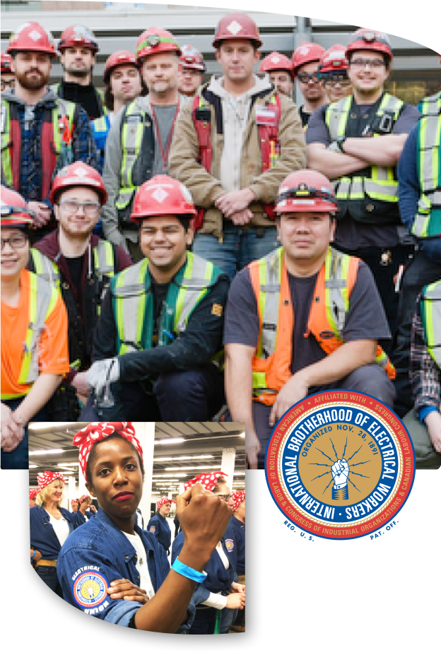 A collage of two images and a logo: Top: A group of construction workers wearing safety gear and red hard hats. Bottom left: A woman in a Rosie the Riveter pose, wearing a blue shirt with an IBEW patch. Right: The International Brotherhood of Electrical Workers (IBEW) logo.