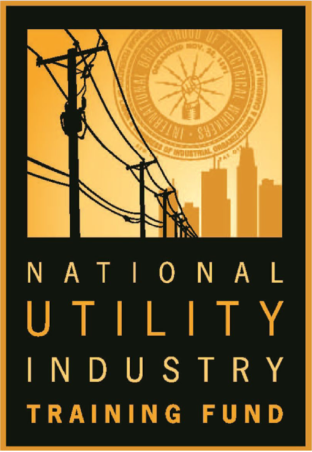 A poster for the National Utility Industry Training Fund. The design features a silhouette of utility poles and power lines against an orange background, with a cityscape and the IBEW logo in the top right corner. The text reads "NATIONAL UTILITY INDUSTRY TRAINING FUND" in bold, uppercase letters at the bottom.