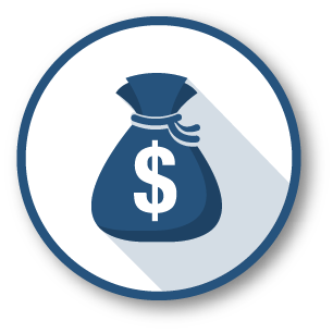 An icon featuring a blue money bag with a dollar sign on it, all within a blue circle with a white background.