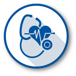 An icon featuring a blue stethoscope and a heart with a heartbeat line inside a blue circle with a white background.