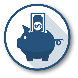 An icon featuring a blue piggy bank with a dollar bill being inserted into the top, all within a blue circle with a white background.