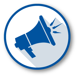 An icon featuring a blue megaphone with sound waves emanating from it, all within a blue circle with a white background.