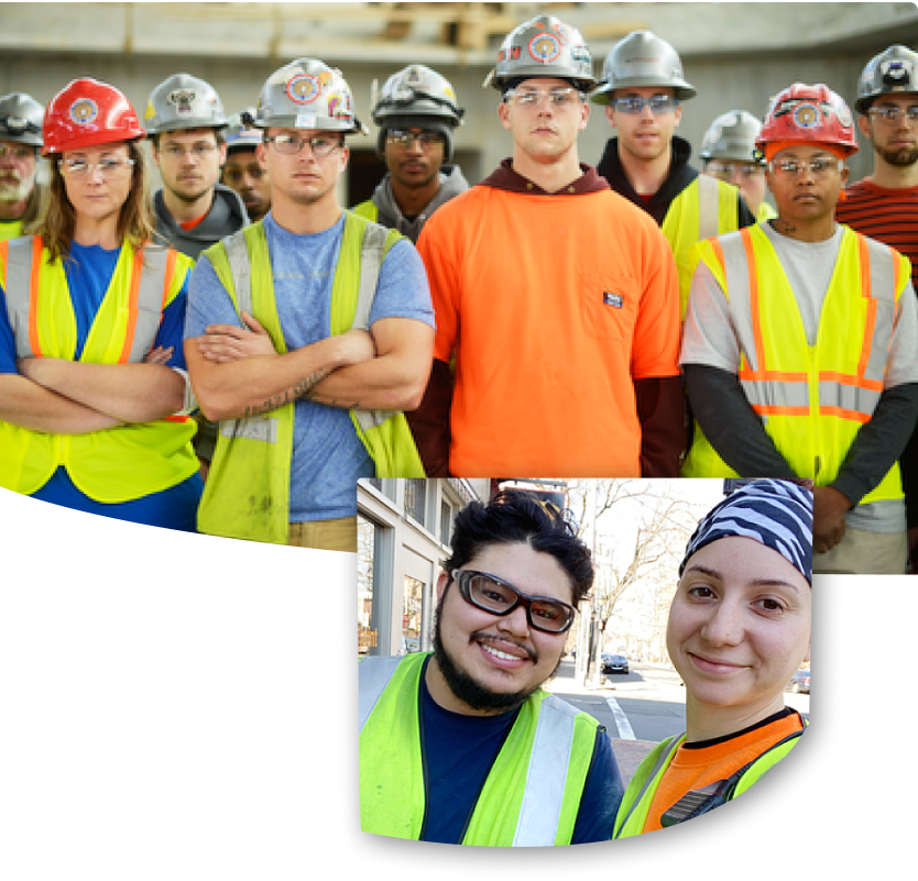 A group of construction workers wearing hard hats, safety vests, and safety glasses. They are standing together, facing the camera with serious expressions. In the bottom right corner, there is a smaller image of two workers, one smiling broadly and the other with a slight smile, both wearing safety vests and standing outdoors on a city street.