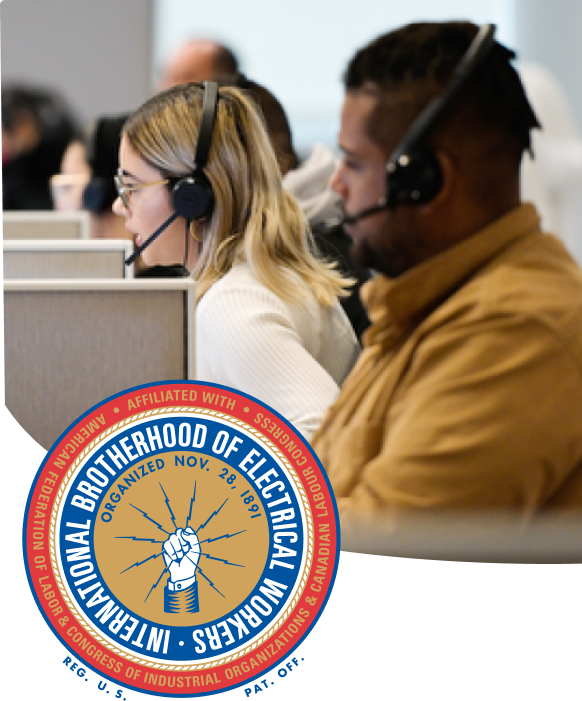 Two people working at call center desks, wearing headsets. The image is overlaid with the logo of the International Brotherhood of Electrical Workers (IBEW) in the lower right corner.